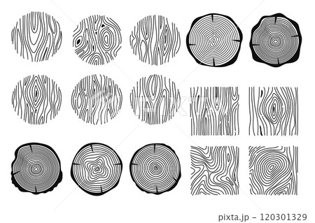 Wooden texture. Hand drawn wood tree rings. Graphics round, square elements, outline tree rings, stumps structure. Decorative nature cutting wood circle. Vector set. 120301329