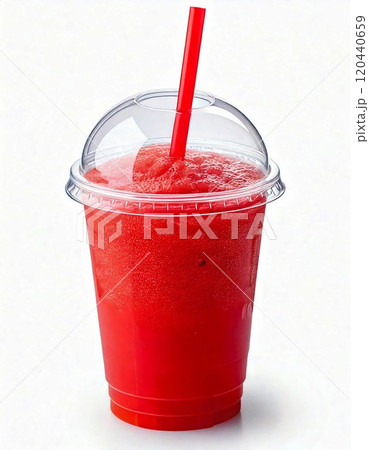 Refreshing red smoothie in a clear cup with a straw, perfect for hot summer days. 120440659