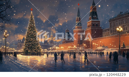 Evening winter landscape of Red Square in Moscow with a large Christmas tree 120448229