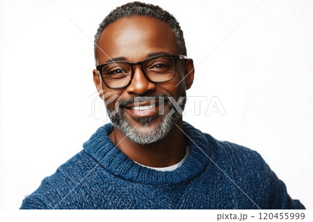 A joyful man smiles warmly while wearing glasses and a blue sweater against a light backdrop 120455999