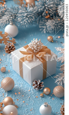 A white gift box adorned with a golden ribbon sits on a vibrant blue surface 120456063