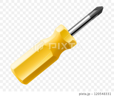 Phillips screwdriver isolated on transparent background. Black and yellow short screwdrivers. Metal tool for Home Repairs and Mechanical Work. Realistic 3d vector illustration. 120548331