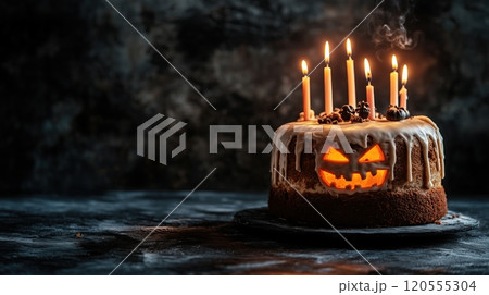 Halloween cake on a dark background with candles 120555304