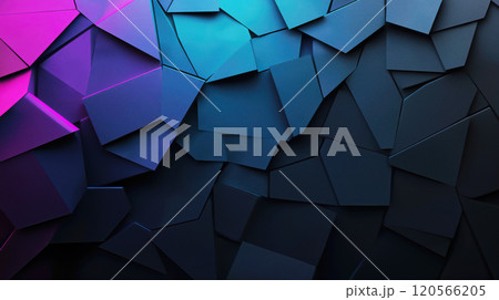 A vibrant background features dynamic geometric shapes in shades of purple and blue. The angular design creates an interesting texture that adds depth and visual appeal. This backdrop can be used for 120566205