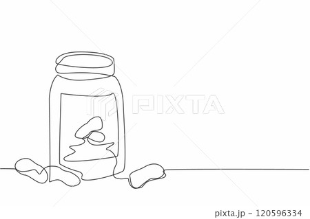 Single one line drawing peanuts scattered near a jar of peanut butter. Advertising. It's pleasing to the eye. Creates appetite. National Peanut Butter Day. Continuous line design graphic illustration 120596334