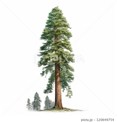 Realistic green sequoia tallest tree in the world on a white background, USA symbol - AI generated image 120649754