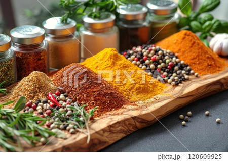 Various colorful spices on a wooden cutting board with rosemary and garlic cloves 120609925