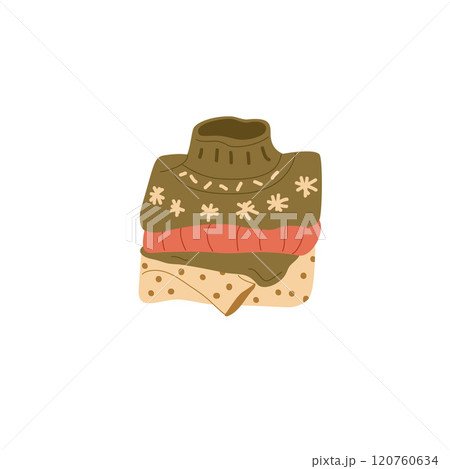 Pile of cozy sweaters isolated on white background. Stack of winter season clothes. Vector flat illustration 120760634