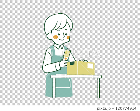 A man wearing an apron working with a handheld terminal - 4 colors 120774914