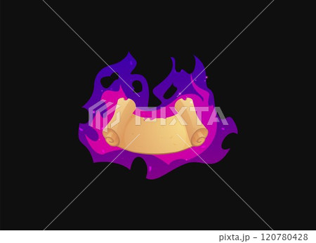 Illustration of an open ancient scroll burning with magical flame on isolated black background. 120780428