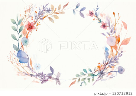 On a plain white background, a watercolor floral frame showcases two symmetrical wreaths formed by an array of multicolored flowers and leaves. Created with generative AI tools 120732912