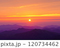 朝日連峰の以東岳山頂からの日本海に落ちる夕陽 120734462