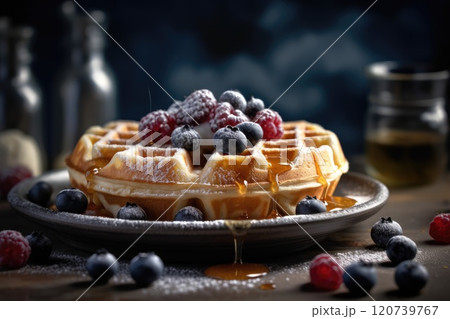 Homemade Belgium Waffles with Mix berries and Ice cream. Generative AI 120739767