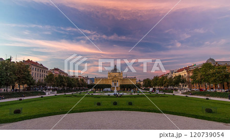 Panoramic day to night timelapse view of Art pavilion at King Tomislav square in Zagreb, Croatia. 120739054