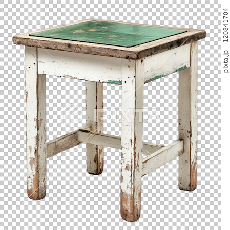 A small, white wooden table with a green top, featuring aged and cracked paint on its legs, is isolated on a transparent background. 120841704