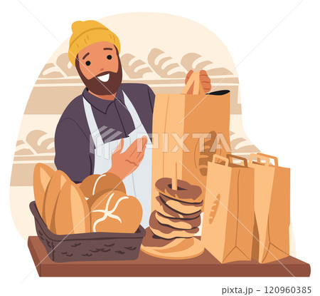 Professional baker man cartoon character advertising homemade bakery and pastry products scene 120960385