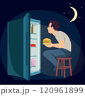 A man sits in front of an open refrigerator at night and eats a burger 120961899