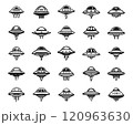 Ufo icon line set. Astronomy ship for cosmos and technology silhouette collection. Spacecraft sign and simple cosmic object unidentified vector illustration. 120963630