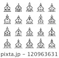 Church icon line set. God house and wedding construction collection. Religious architecture building and holy chapels vector illustration. 120963631