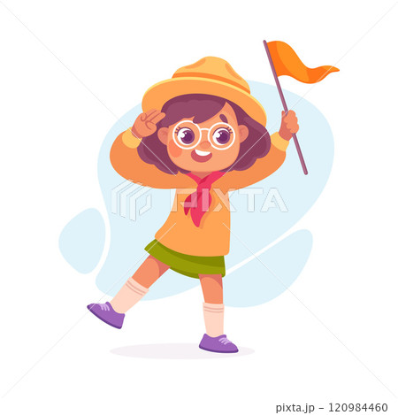 Girl Scout Character in Hat Stand with Flag Pole Vector Illustration 120984460