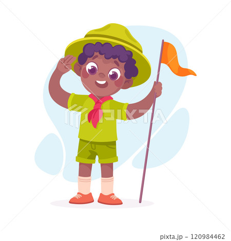 Boy Scout Character in Hat Stand with Flag Pole Vector Illustration 120984462