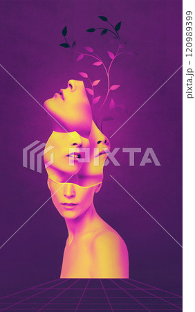 Abstract contemporary art collage portrait of young woman with plant on face hides her eyes 120989399