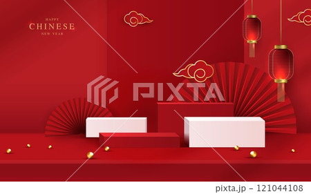 Chinese new year 2025 year of the snake for product. podium, backdrop, products showcase and promotion display on red background. lunar new year concept. vector design. 121044108