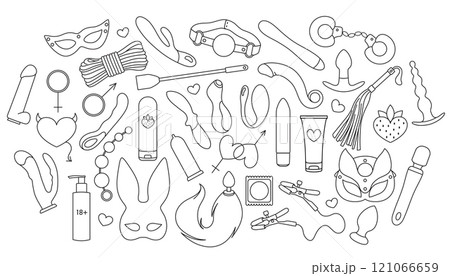 Big vector set of adult sex toys, accessories for bdsm sex games, linear black and white icons, doodle and sketch style, hand drawing 121066659