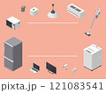 アイソメトリック図法で描いた家庭用電気製品のイラスト12点セット（タイトル欄あり） 121083541