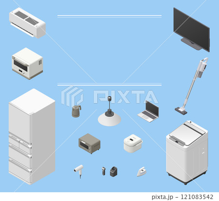 アイソメトリック図法で描いた家庭用電気製品のイラスト14点セット（タイトル欄あり） 121083542