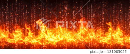 Digital fire wall burning with binary code raining down 121085025