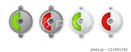 Toilet or restroom locks green and red round metal isolated on white. Occupied and Free. Regular public restroom door mechanism indicating. Vector 121091292