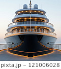 Luxurious cruise ship front view showcasing elegant design and lighting. sleek lines and modern architecture create stunning visual against serene backdrop 121006028