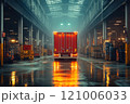 red truck parked in large, industrial warehouse with reflective wet floors. atmosphere is moody and illuminated by overhead lights, showcasing busy logistics environment 121006033