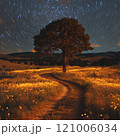 winding path leads through field of glowing flowers under starry sky, with solitary tree standing tall. scene evokes sense of tranquility and wonder 121006034