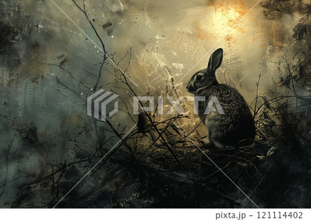 A serene rabbit sits quietly amidst a mystical background of nature. 121114402