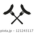 Two crossed forks holding sausages representing oktoberfest cuisine 121243117