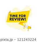 Megaphone announcing time for review with yellow banner 121243224