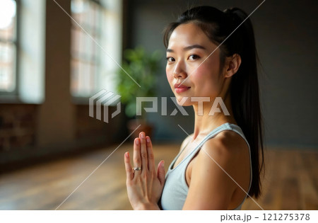 Beautiful Female Yoga Teacher. Portrait of young Asian woman, in the in a Yoga studio, in a loft interior. Beauty and youth, relax and recover down in a calm environment, healthy lifestyle concept 121275378