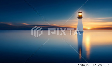 background Lighthouse Standing Alone in Calm Sea at Sunset. Reflections on Smooth Water. Peaceful Atmosphere with Warm Sunset Colors and Dark Sky. Symbol of Guidance and Tranquility. AI generated 121289063