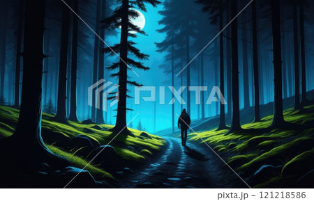 Mysterious forest night: lone hiker under a full moon 121218586