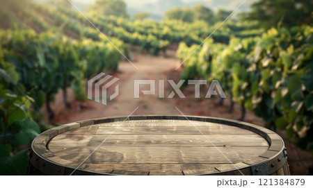 A wooden barrel sits in the middle of a vineyard, with rows of grapevines in the background. 121384879