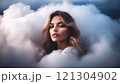 Dreamy portrait of beautiful young woman in clouds, generative ai 121304902