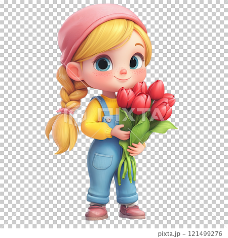 Cute Girl with Tulips in Colorful Outfit 121499276