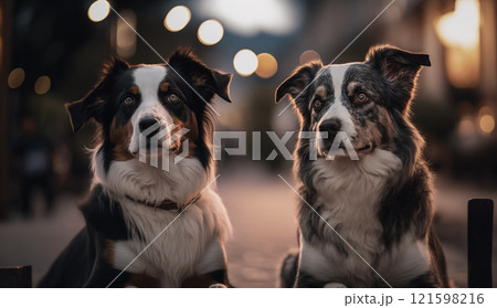 Two beautiful black brown white and grey black white Australian Shepherd dog sit, listening, and looking at something with street downtown background. 121598216