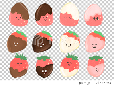 Set of illustrations of lots of chocolate-covered strawberries (with faces) 121646863