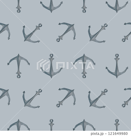 This seamless anchor pattern, painted in watercolor, is perfect for coastal wedding decor, vacation illustrations, and nautical-themed designs. 121649980