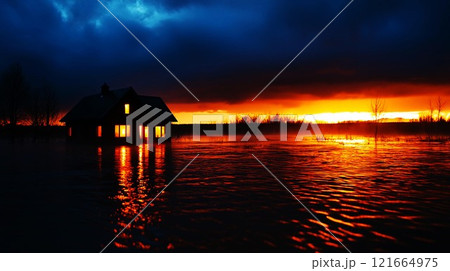 A serene house illuminated at sunset, reflecting on the calm water, creating a tranquil scene. 121664975