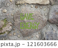 Save Energy symbol. Stone wall with words Save Energy. Beautiful stone background. Business and Save Energy concept. Copy space. 121603666