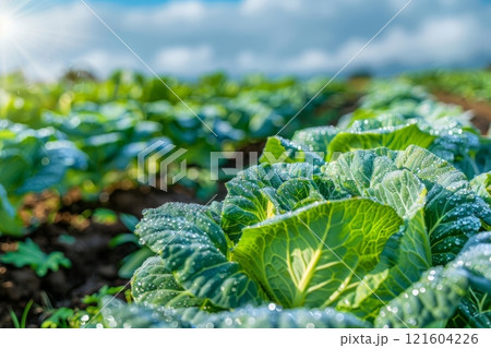 On a farm plantation, cabbages thrive with lush green leaves, each head glistening with drops of morning dew, promising a fresh and bountiful harvest 121604226